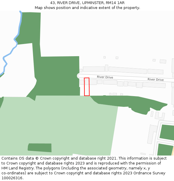 43, RIVER DRIVE, UPMINSTER, RM14 1AR: Location map and indicative extent of plot