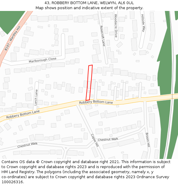 43, ROBBERY BOTTOM LANE, WELWYN, AL6 0UL: Location map and indicative extent of plot