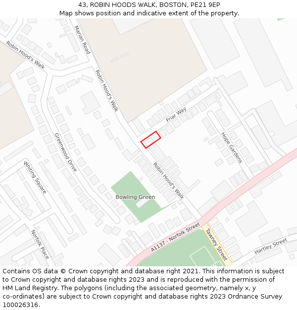 43, ROBIN HOODS WALK, BOSTON, PE21 9EP: Location map and indicative extent of plot