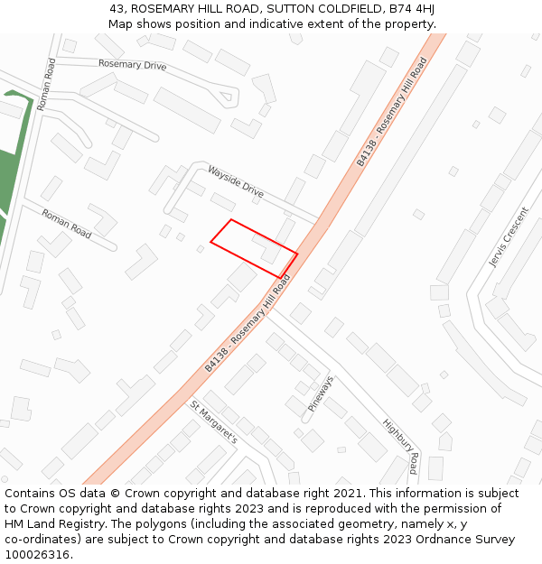 43, ROSEMARY HILL ROAD, SUTTON COLDFIELD, B74 4HJ: Location map and indicative extent of plot
