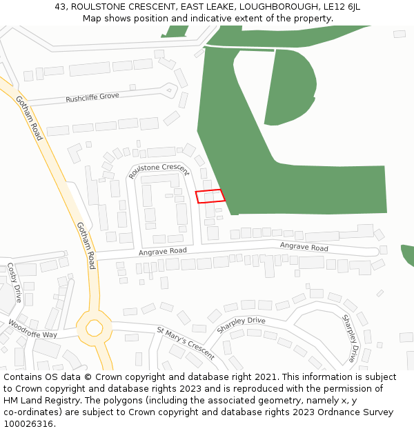 43, ROULSTONE CRESCENT, EAST LEAKE, LOUGHBOROUGH, LE12 6JL: Location map and indicative extent of plot