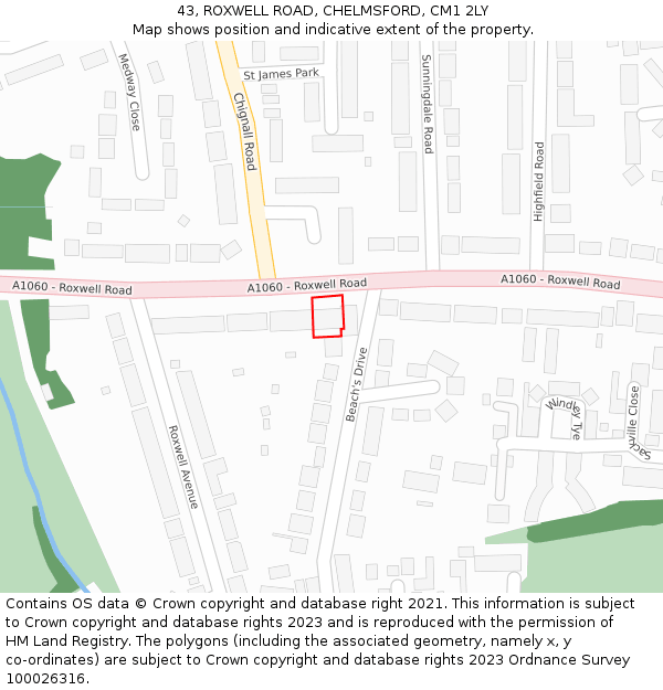 43, ROXWELL ROAD, CHELMSFORD, CM1 2LY: Location map and indicative extent of plot