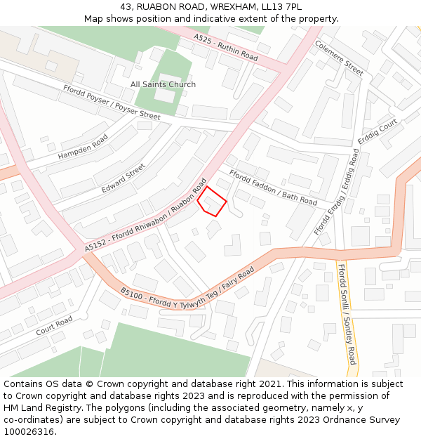 43, RUABON ROAD, WREXHAM, LL13 7PL: Location map and indicative extent of plot