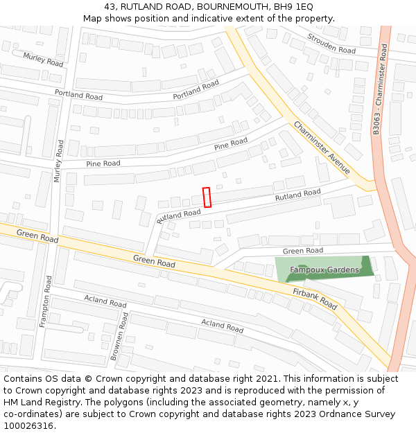 43, RUTLAND ROAD, BOURNEMOUTH, BH9 1EQ: Location map and indicative extent of plot