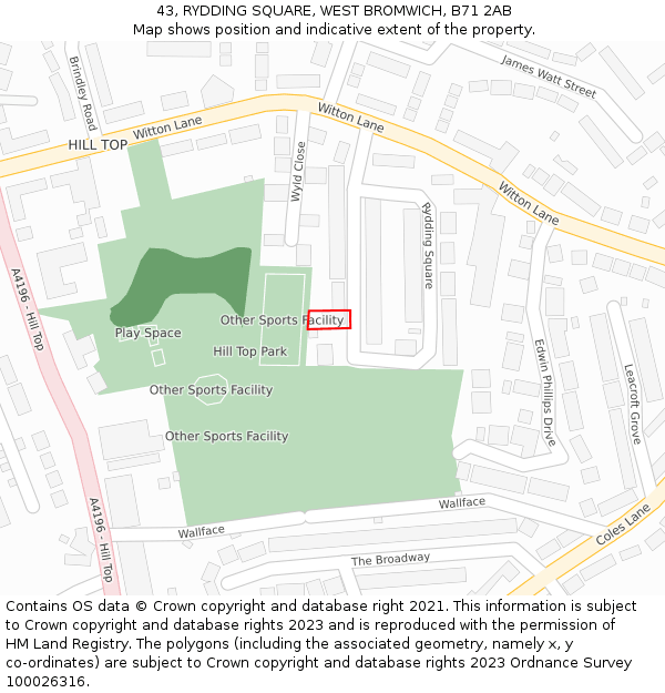 43, RYDDING SQUARE, WEST BROMWICH, B71 2AB: Location map and indicative extent of plot