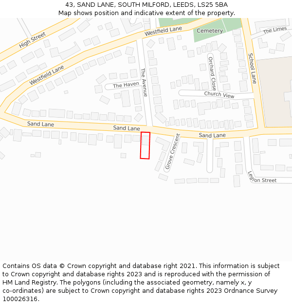 43, SAND LANE, SOUTH MILFORD, LEEDS, LS25 5BA: Location map and indicative extent of plot