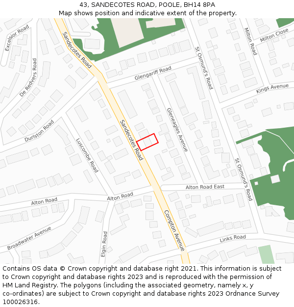 43, SANDECOTES ROAD, POOLE, BH14 8PA: Location map and indicative extent of plot