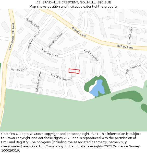 43, SANDHILLS CRESCENT, SOLIHULL, B91 3UE: Location map and indicative extent of plot