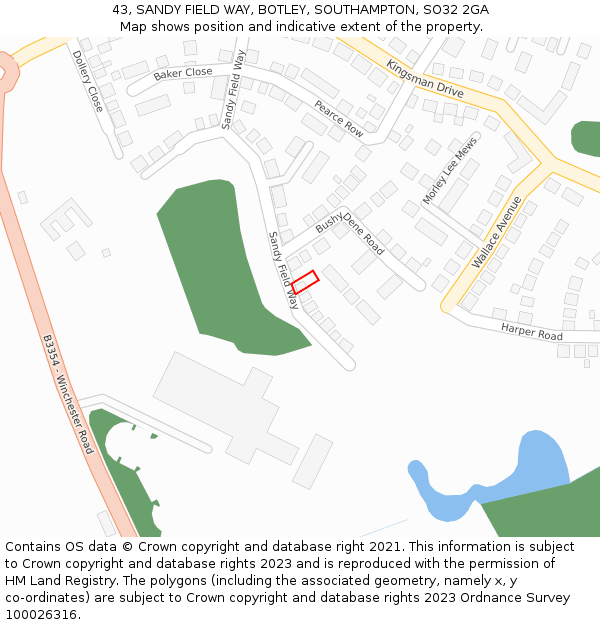 43, SANDY FIELD WAY, BOTLEY, SOUTHAMPTON, SO32 2GA: Location map and indicative extent of plot