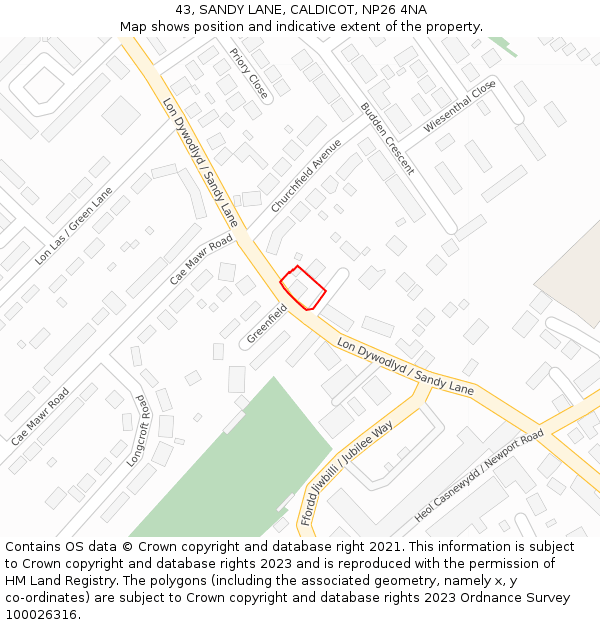 43, SANDY LANE, CALDICOT, NP26 4NA: Location map and indicative extent of plot