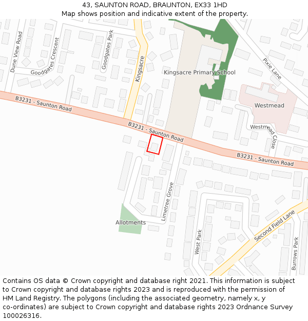 43, SAUNTON ROAD, BRAUNTON, EX33 1HD: Location map and indicative extent of plot