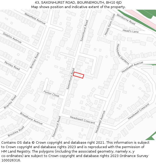 43, SAXONHURST ROAD, BOURNEMOUTH, BH10 6JD: Location map and indicative extent of plot