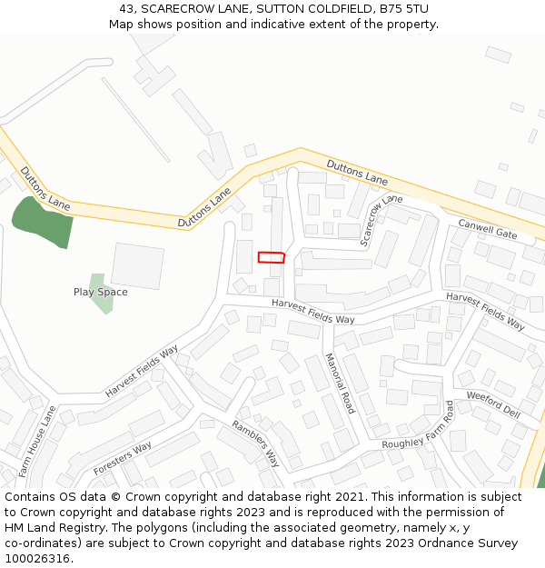 43, SCARECROW LANE, SUTTON COLDFIELD, B75 5TU: Location map and indicative extent of plot