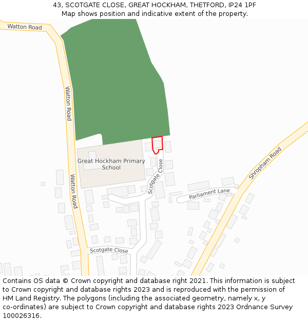 43, SCOTGATE CLOSE, GREAT HOCKHAM, THETFORD, IP24 1PF: Location map and indicative extent of plot