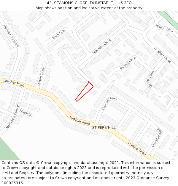 43, SEAMONS CLOSE, DUNSTABLE, LU6 3EQ: Location map and indicative extent of plot