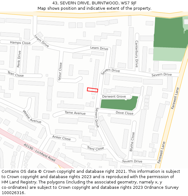 43, SEVERN DRIVE, BURNTWOOD, WS7 9JF: Location map and indicative extent of plot