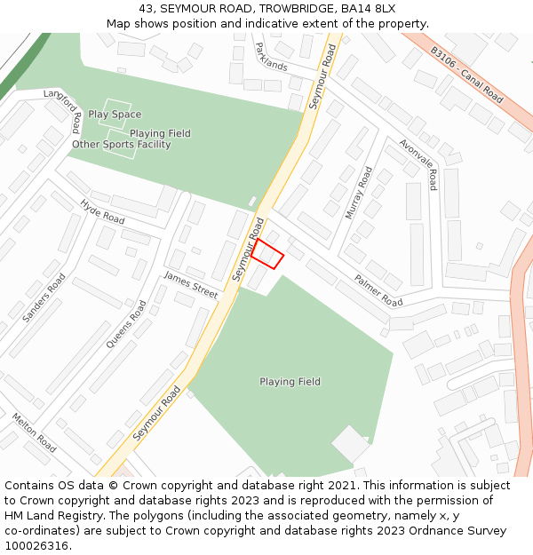 43, SEYMOUR ROAD, TROWBRIDGE, BA14 8LX: Location map and indicative extent of plot