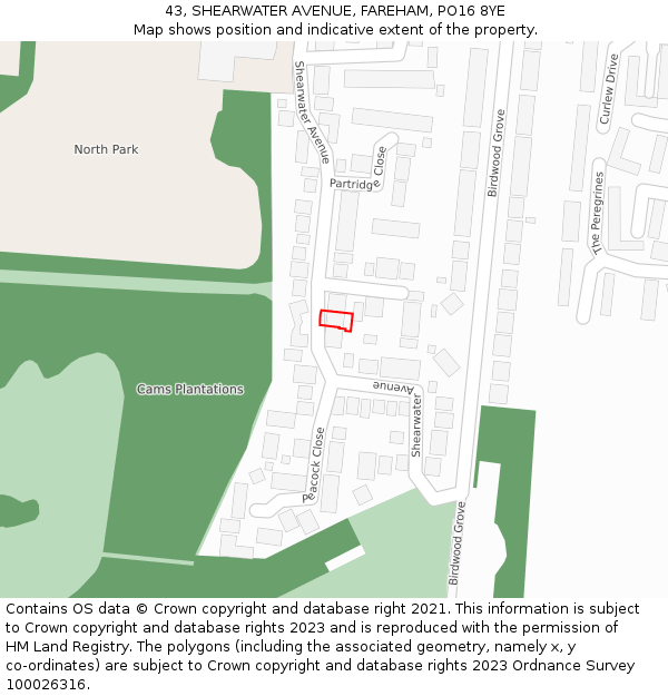 43, SHEARWATER AVENUE, FAREHAM, PO16 8YE: Location map and indicative extent of plot