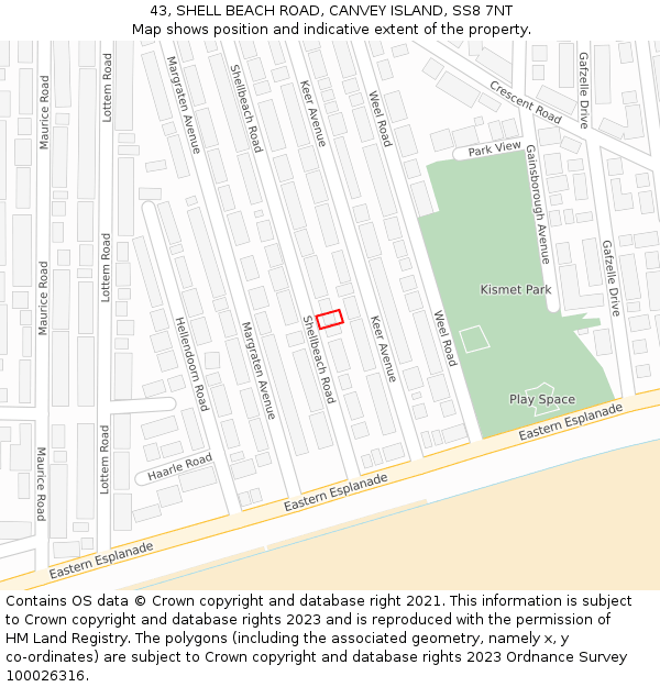 43, SHELL BEACH ROAD, CANVEY ISLAND, SS8 7NT: Location map and indicative extent of plot
