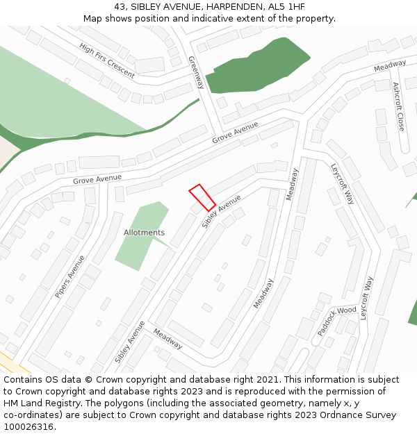 43, SIBLEY AVENUE, HARPENDEN, AL5 1HF: Location map and indicative extent of plot