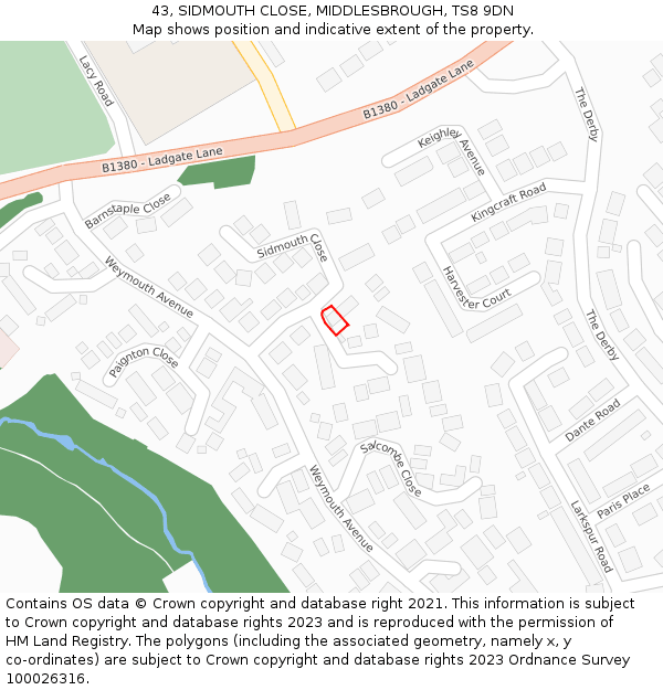 43, SIDMOUTH CLOSE, MIDDLESBROUGH, TS8 9DN: Location map and indicative extent of plot