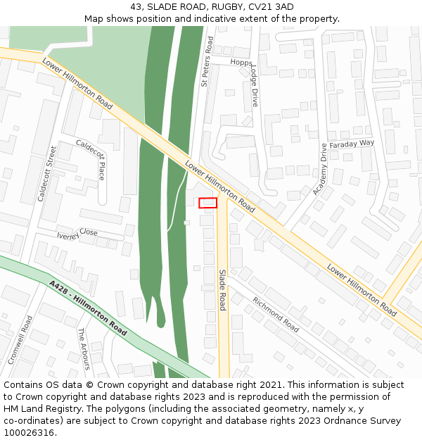 43, SLADE ROAD, RUGBY, CV21 3AD: Location map and indicative extent of plot