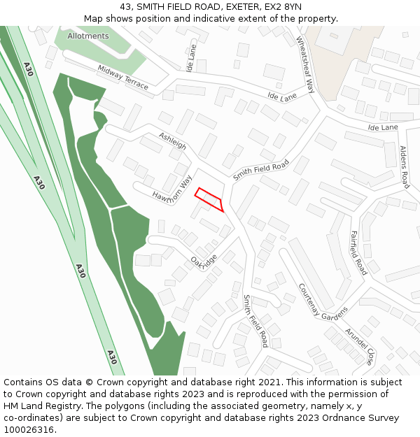 43, SMITH FIELD ROAD, EXETER, EX2 8YN: Location map and indicative extent of plot