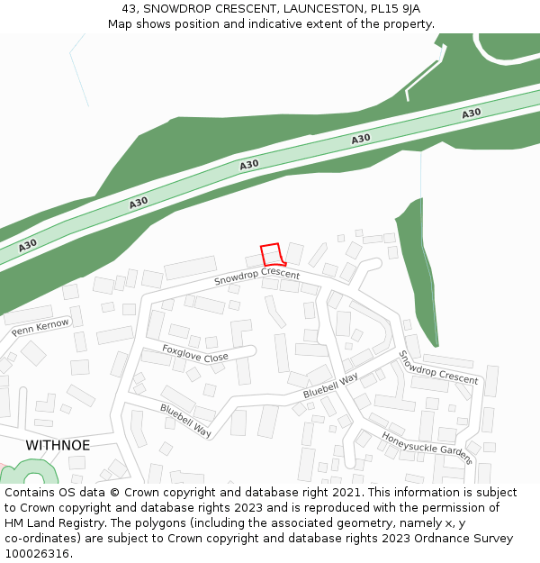 43, SNOWDROP CRESCENT, LAUNCESTON, PL15 9JA: Location map and indicative extent of plot