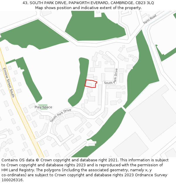 43, SOUTH PARK DRIVE, PAPWORTH EVERARD, CAMBRIDGE, CB23 3LQ: Location map and indicative extent of plot