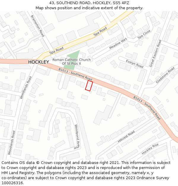 43, SOUTHEND ROAD, HOCKLEY, SS5 4PZ: Location map and indicative extent of plot