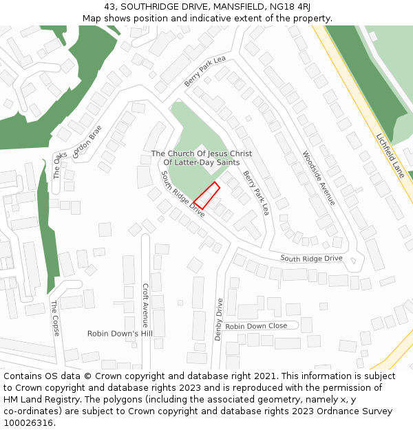 43, SOUTHRIDGE DRIVE, MANSFIELD, NG18 4RJ: Location map and indicative extent of plot