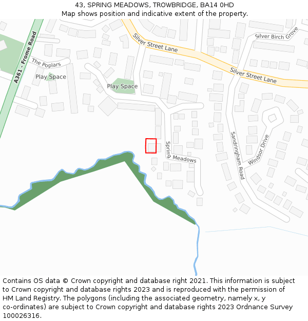 43, SPRING MEADOWS, TROWBRIDGE, BA14 0HD: Location map and indicative extent of plot