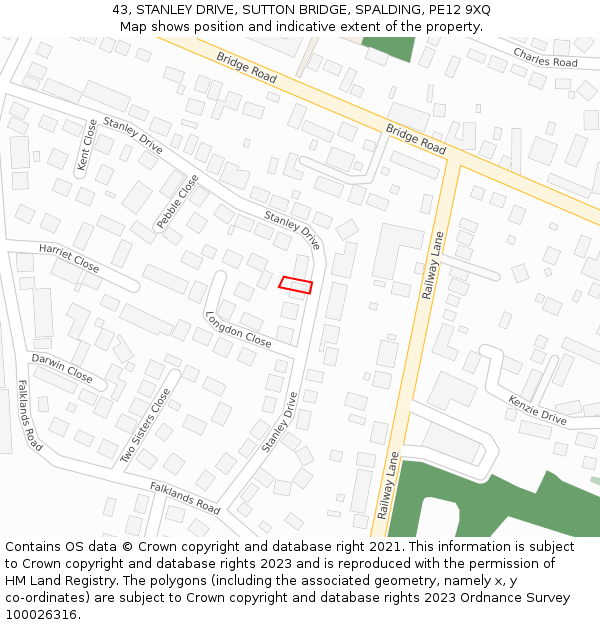 43, STANLEY DRIVE, SUTTON BRIDGE, SPALDING, PE12 9XQ: Location map and indicative extent of plot