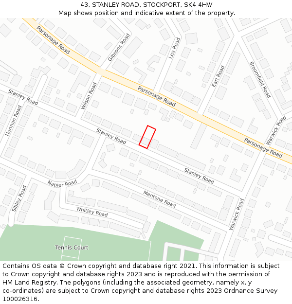 43, STANLEY ROAD, STOCKPORT, SK4 4HW: Location map and indicative extent of plot