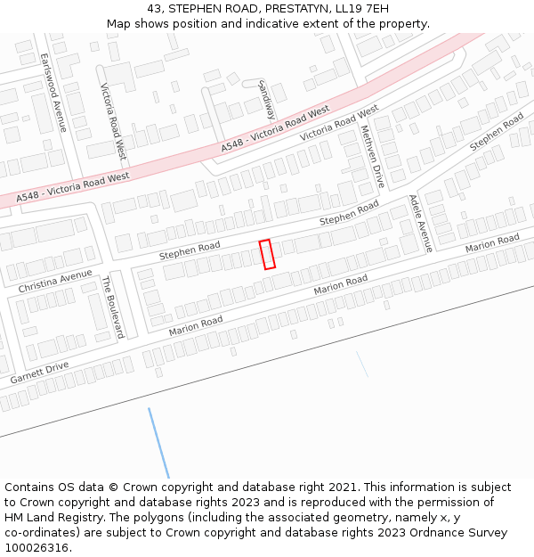 43, STEPHEN ROAD, PRESTATYN, LL19 7EH: Location map and indicative extent of plot