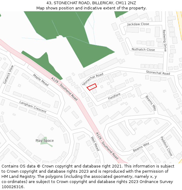 43, STONECHAT ROAD, BILLERICAY, CM11 2NZ: Location map and indicative extent of plot
