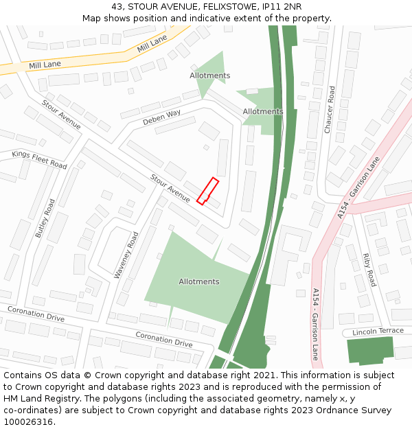 43, STOUR AVENUE, FELIXSTOWE, IP11 2NR: Location map and indicative extent of plot