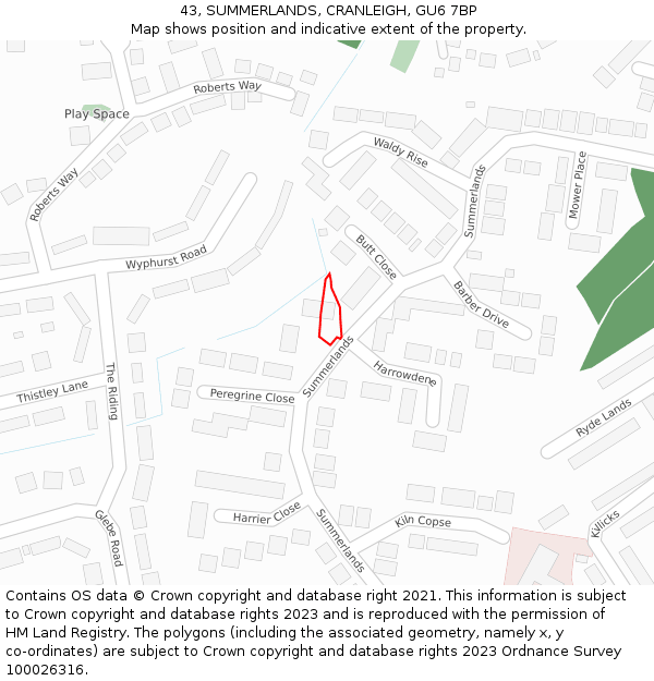 43, SUMMERLANDS, CRANLEIGH, GU6 7BP: Location map and indicative extent of plot