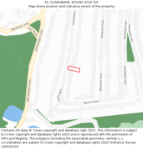 43, SUNNYBANK, EPSOM, KT18 7DY: Location map and indicative extent of plot