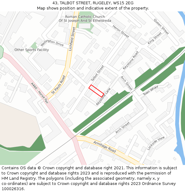 43, TALBOT STREET, RUGELEY, WS15 2EG: Location map and indicative extent of plot