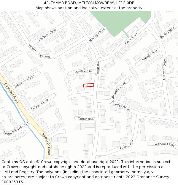 43, TAMAR ROAD, MELTON MOWBRAY, LE13 0DR: Location map and indicative extent of plot