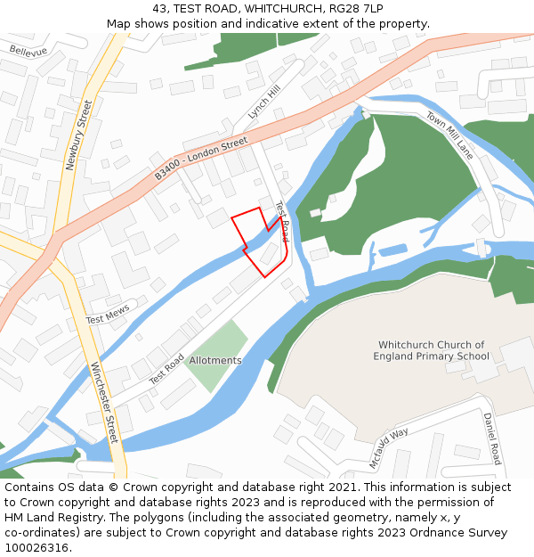 43, TEST ROAD, WHITCHURCH, RG28 7LP: Location map and indicative extent of plot