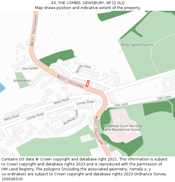 43, THE COMBS, DEWSBURY, WF12 0LQ: Location map and indicative extent of plot