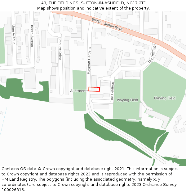 43, THE FIELDINGS, SUTTON-IN-ASHFIELD, NG17 2TF: Location map and indicative extent of plot