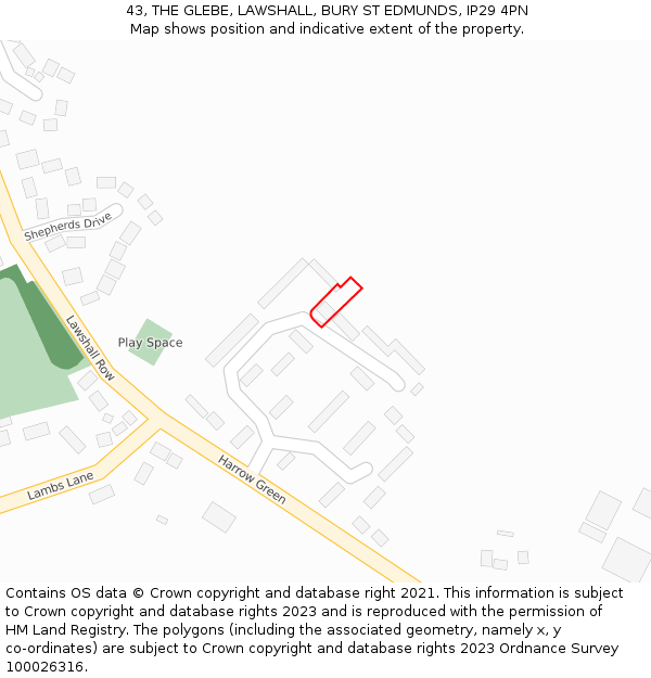 43, THE GLEBE, LAWSHALL, BURY ST EDMUNDS, IP29 4PN: Location map and indicative extent of plot