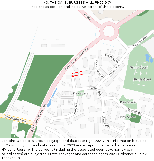 43, THE OAKS, BURGESS HILL, RH15 9XP: Location map and indicative extent of plot