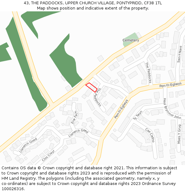 43, THE PADDOCKS, UPPER CHURCH VILLAGE, PONTYPRIDD, CF38 1TL: Location map and indicative extent of plot