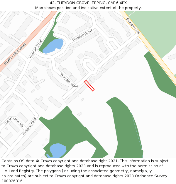 43, THEYDON GROVE, EPPING, CM16 4PX: Location map and indicative extent of plot