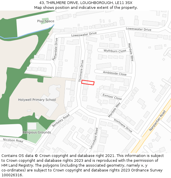 43, THIRLMERE DRIVE, LOUGHBOROUGH, LE11 3SX: Location map and indicative extent of plot