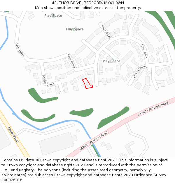 43, THOR DRIVE, BEDFORD, MK41 0WN: Location map and indicative extent of plot